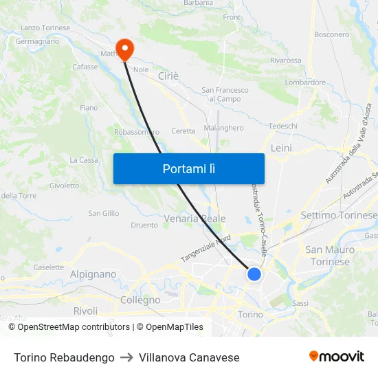 Torino Rebaudengo to Villanova Canavese map