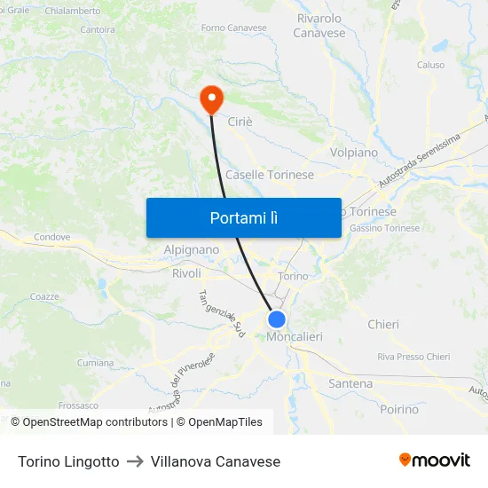 Torino Lingotto to Villanova Canavese map