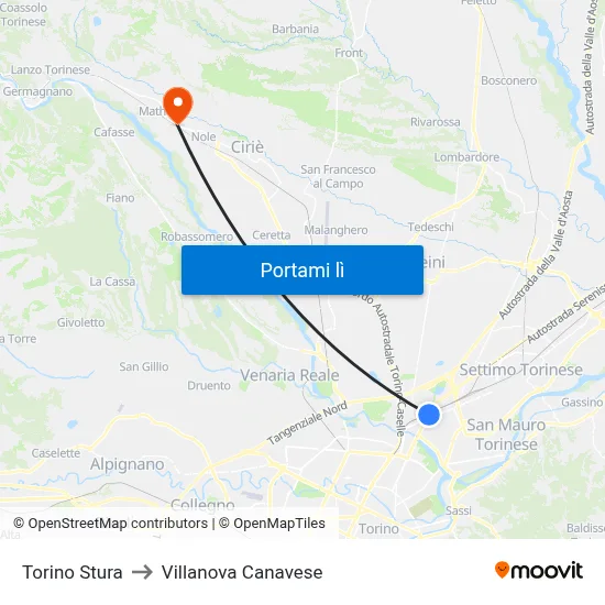 Torino Stura to Villanova Canavese map