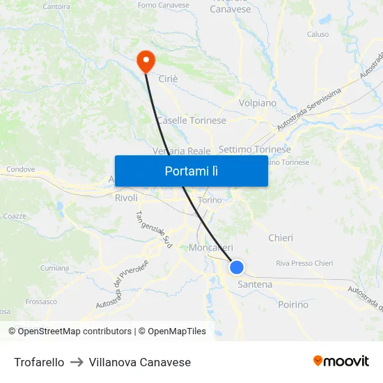 Trofarello to Villanova Canavese map