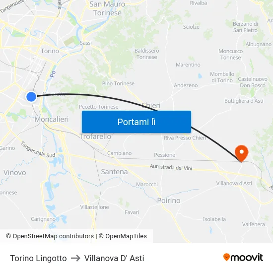 Torino Lingotto to Villanova D' Asti map