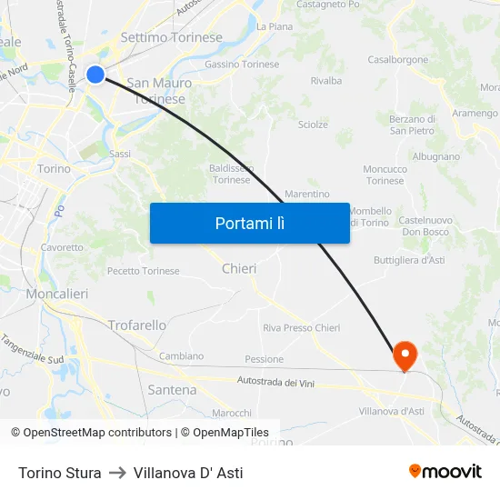 Torino Stura to Villanova D' Asti map