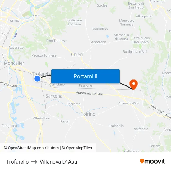 Trofarello to Villanova D' Asti map
