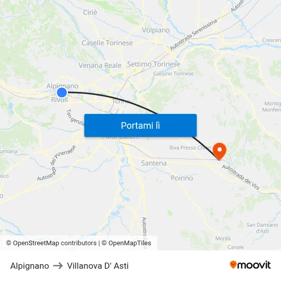 Alpignano to Villanova D' Asti map