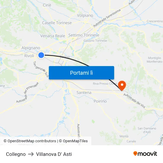 Collegno to Villanova D' Asti map