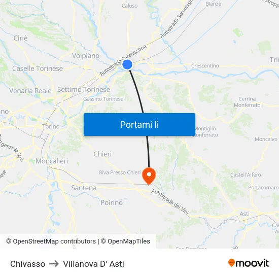 Chivasso to Villanova D' Asti map