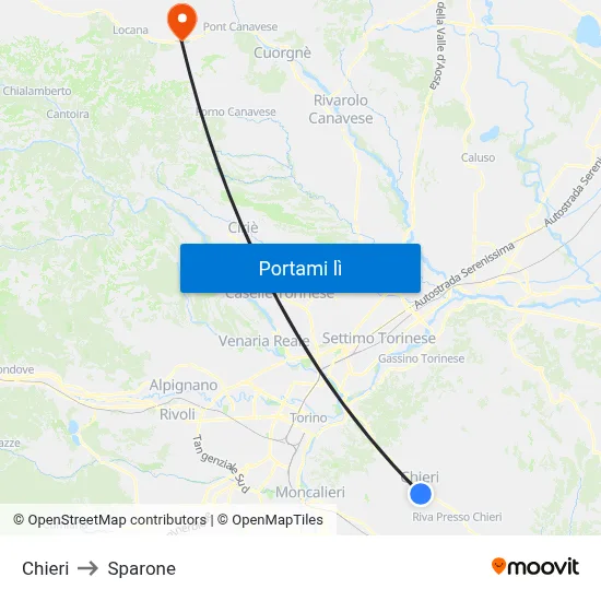 Chieri to Sparone map