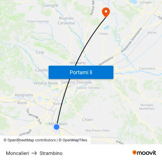 Moncalieri to Strambino map