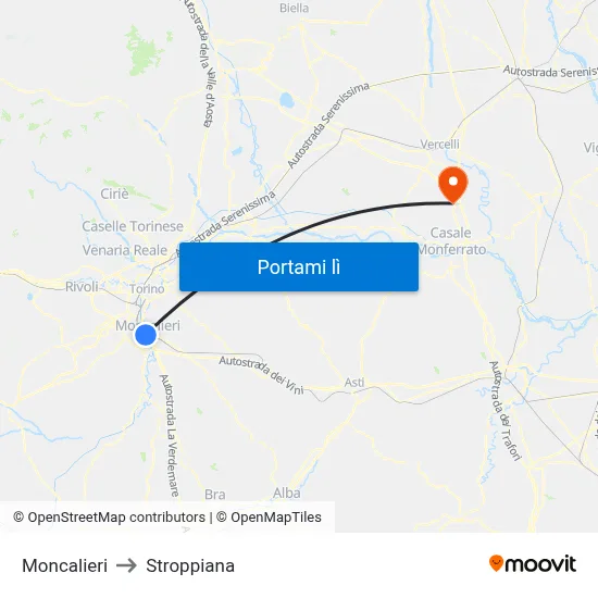 Moncalieri to Stroppiana map