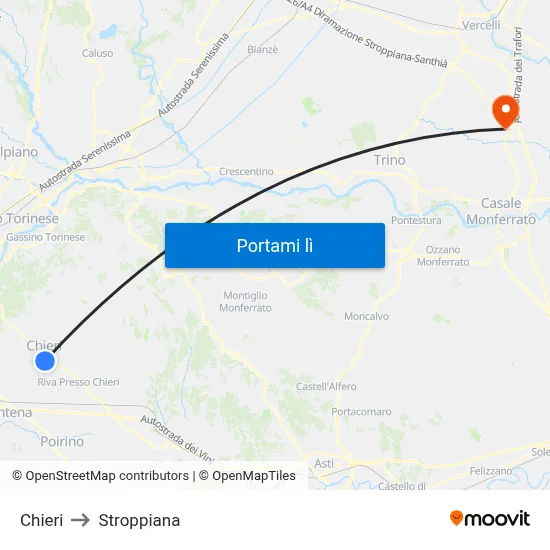 Chieri to Stroppiana map