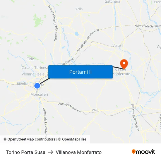 Torino Porta Susa to Villanova Monferrato map