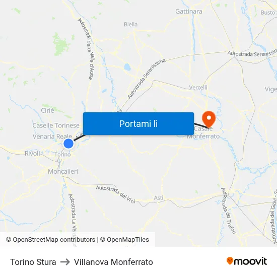 Torino Stura to Villanova Monferrato map