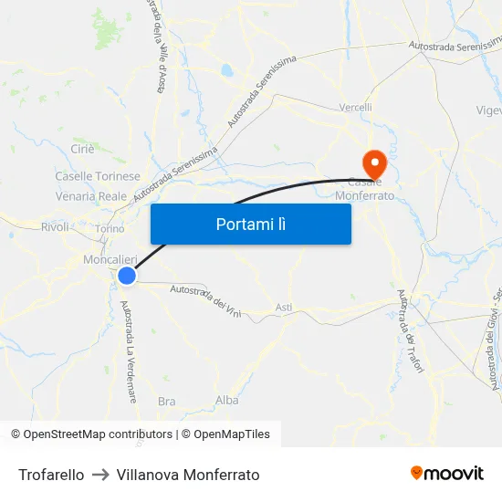 Trofarello to Villanova Monferrato map