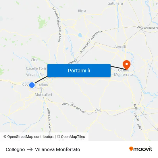 Collegno to Villanova Monferrato map