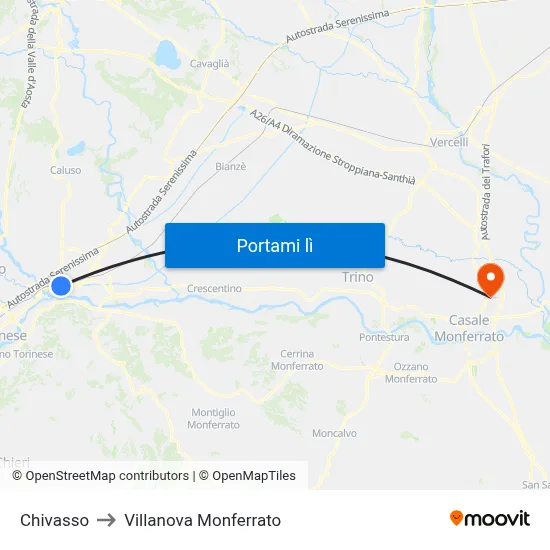 Chivasso to Villanova Monferrato map