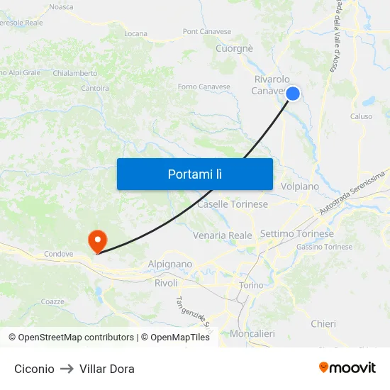 Ciconio to Villar Dora map