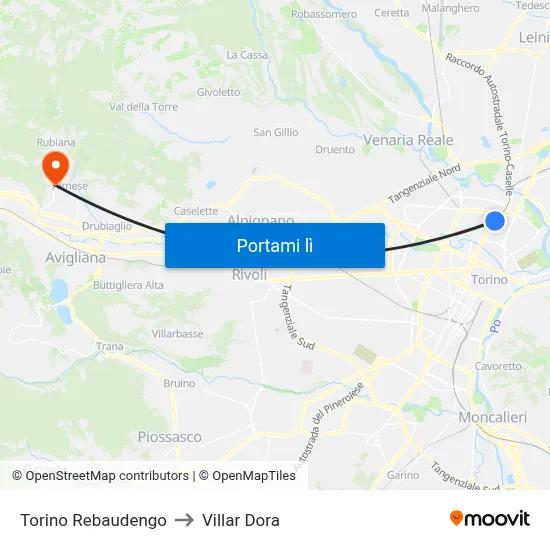 Torino Rebaudengo to Villar Dora map