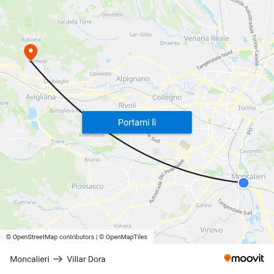 Moncalieri to Villar Dora map