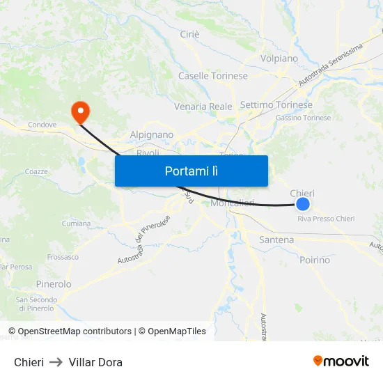 Chieri to Villar Dora map