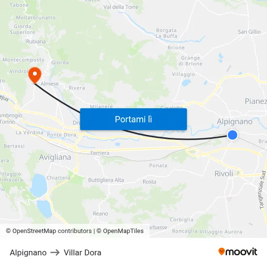 Alpignano to Villar Dora map