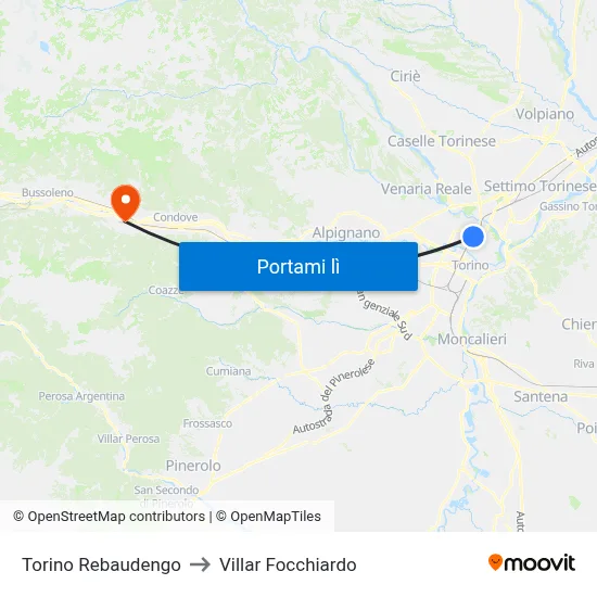 Torino Rebaudengo to Villar Focchiardo map