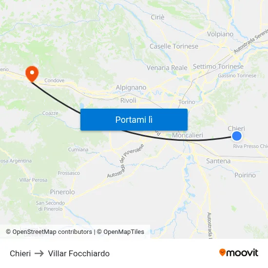 Chieri to Villar Focchiardo map