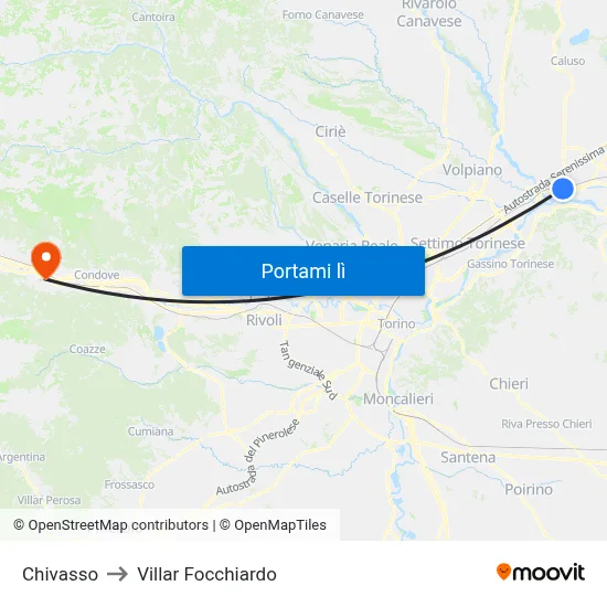 Chivasso to Villar Focchiardo map