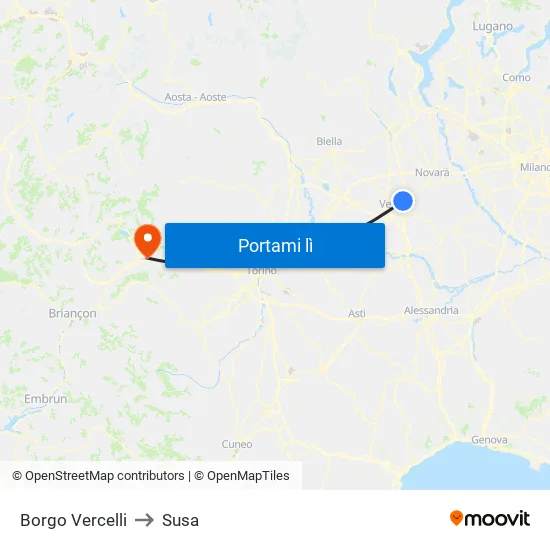 Borgo Vercelli to Susa map