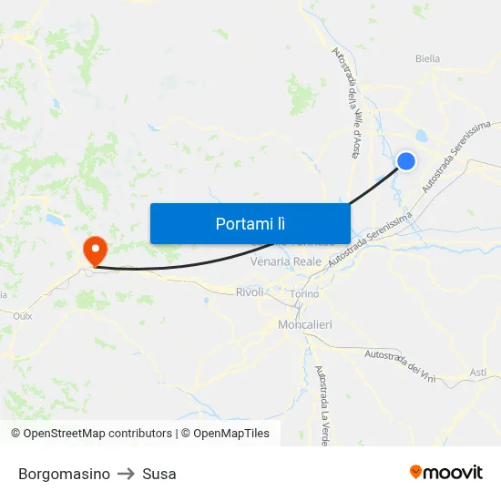 Borgomasino to Susa map