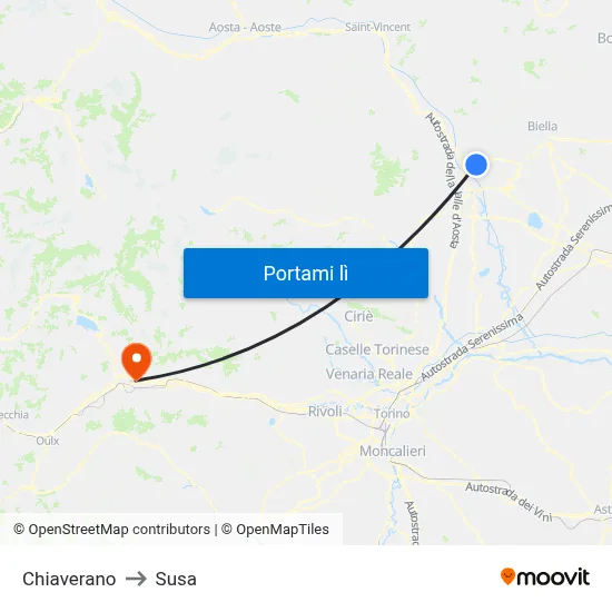 Chiaverano to Susa map
