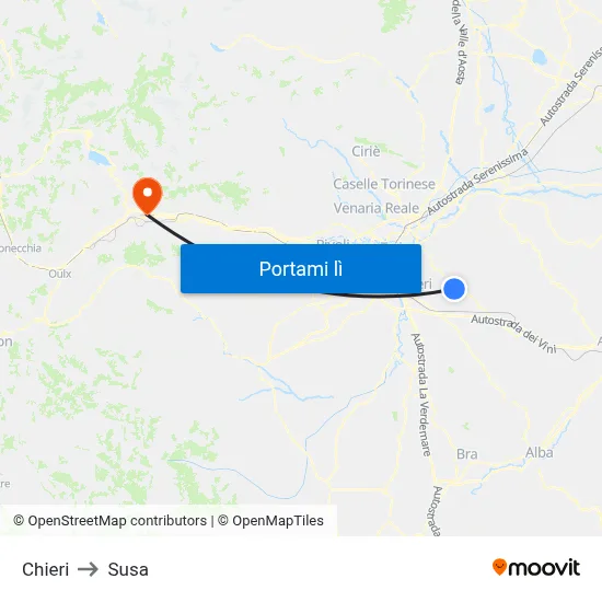 Chieri to Susa map