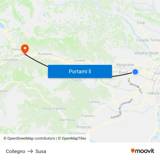 Collegno to Susa map