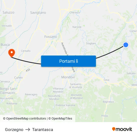 Gorzegno to Tarantasca map