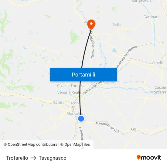 Trofarello to Tavagnasco map