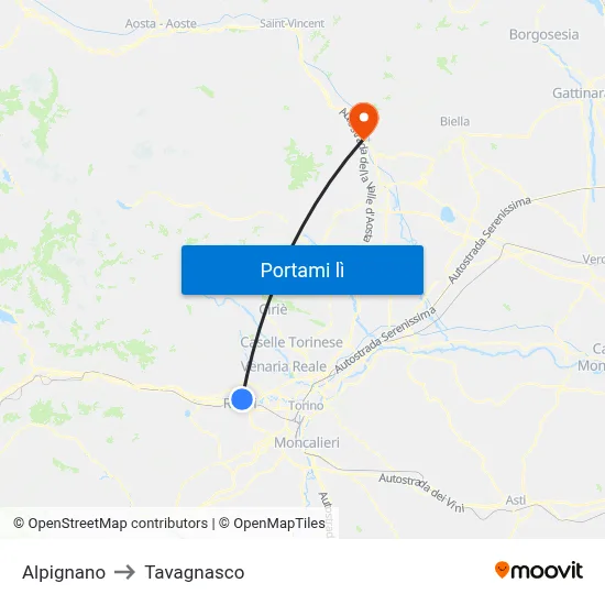 Alpignano to Tavagnasco map