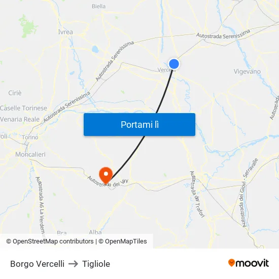 Borgo Vercelli to Tigliole map