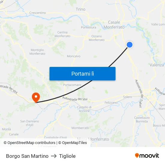 Borgo San Martino to Tigliole map