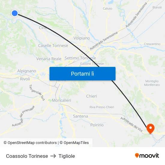 Coassolo Torinese to Tigliole map