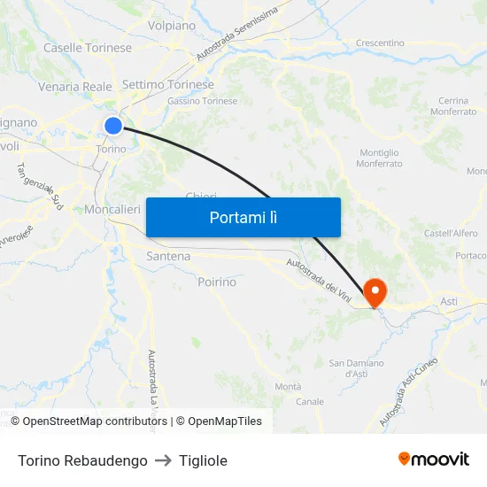 Torino Rebaudengo to Tigliole map