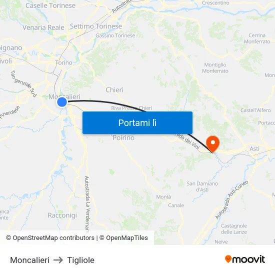 Moncalieri to Tigliole map