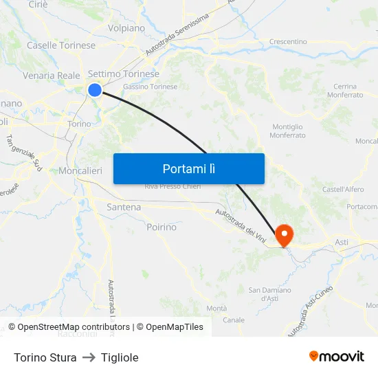Torino Stura to Tigliole map