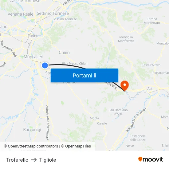 Trofarello to Tigliole map
