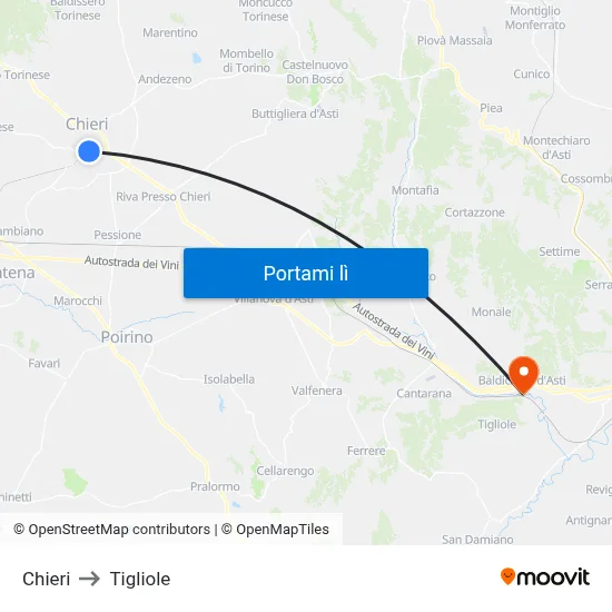 Chieri to Tigliole map
