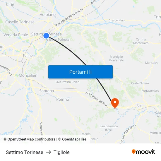Settimo Torinese to Tigliole map