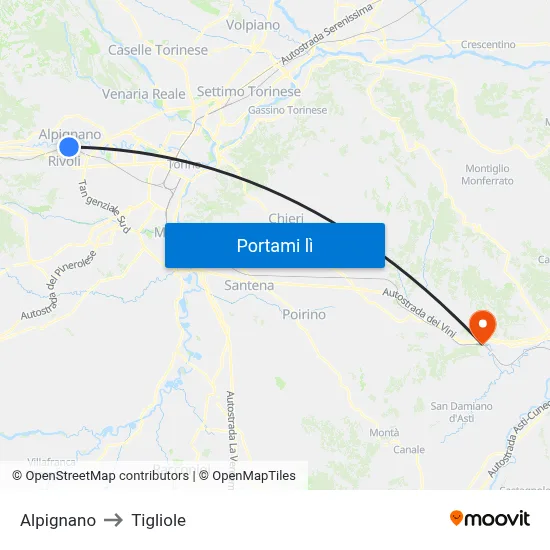 Alpignano to Tigliole map