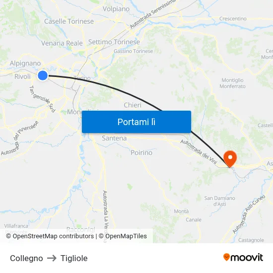 Collegno to Tigliole map