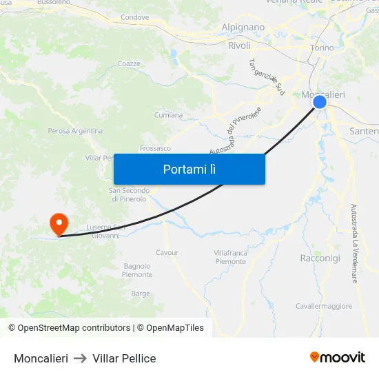 Moncalieri to Villar Pellice map