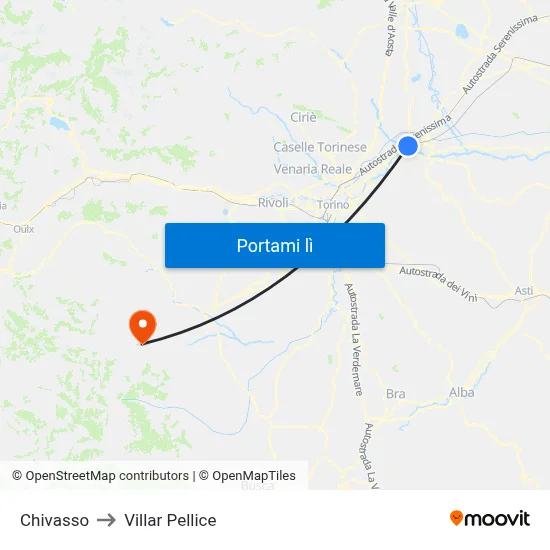 Chivasso to Villar Pellice map