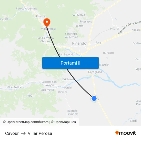 Cavour to Villar Perosa map