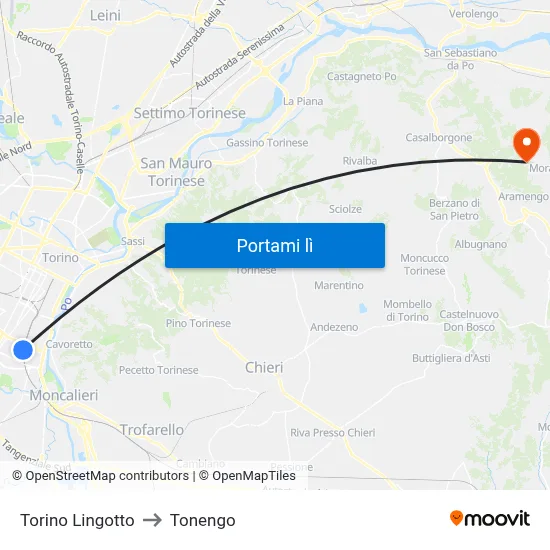 Torino Lingotto to Tonengo map